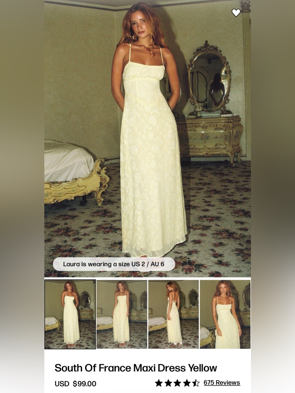 Women’s South of France Maxi Dress Yellow. Size 4